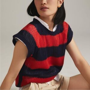 Clare V Blue Red Striped Knit Pullover Sweater Vest Modern Boho Preppy Academia